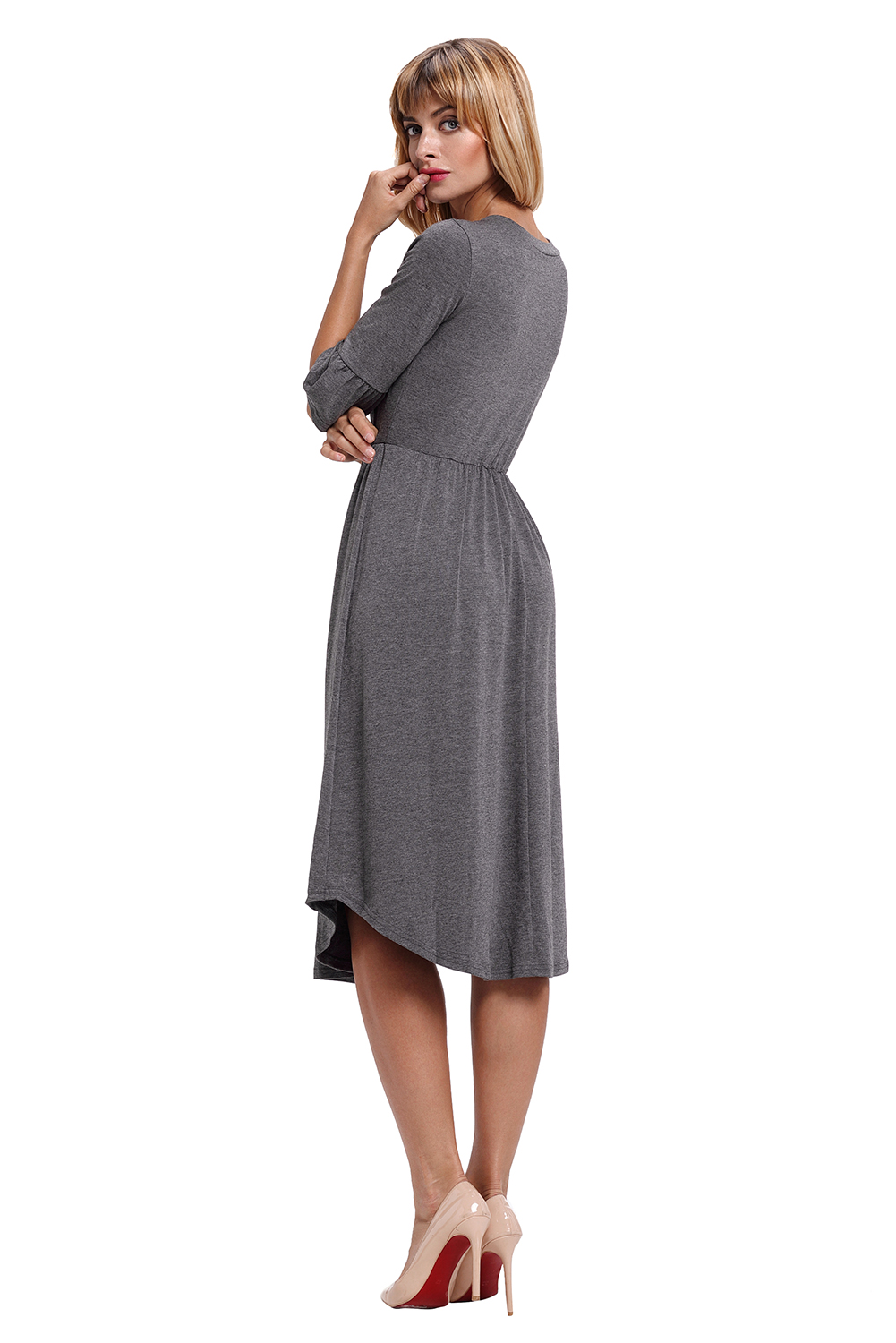 BY61652-11 Gray Ruffle Sleeve Midi Jersey Dress